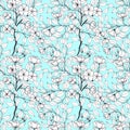 Floral seamless pattern with branches with apple flowers and leaves.